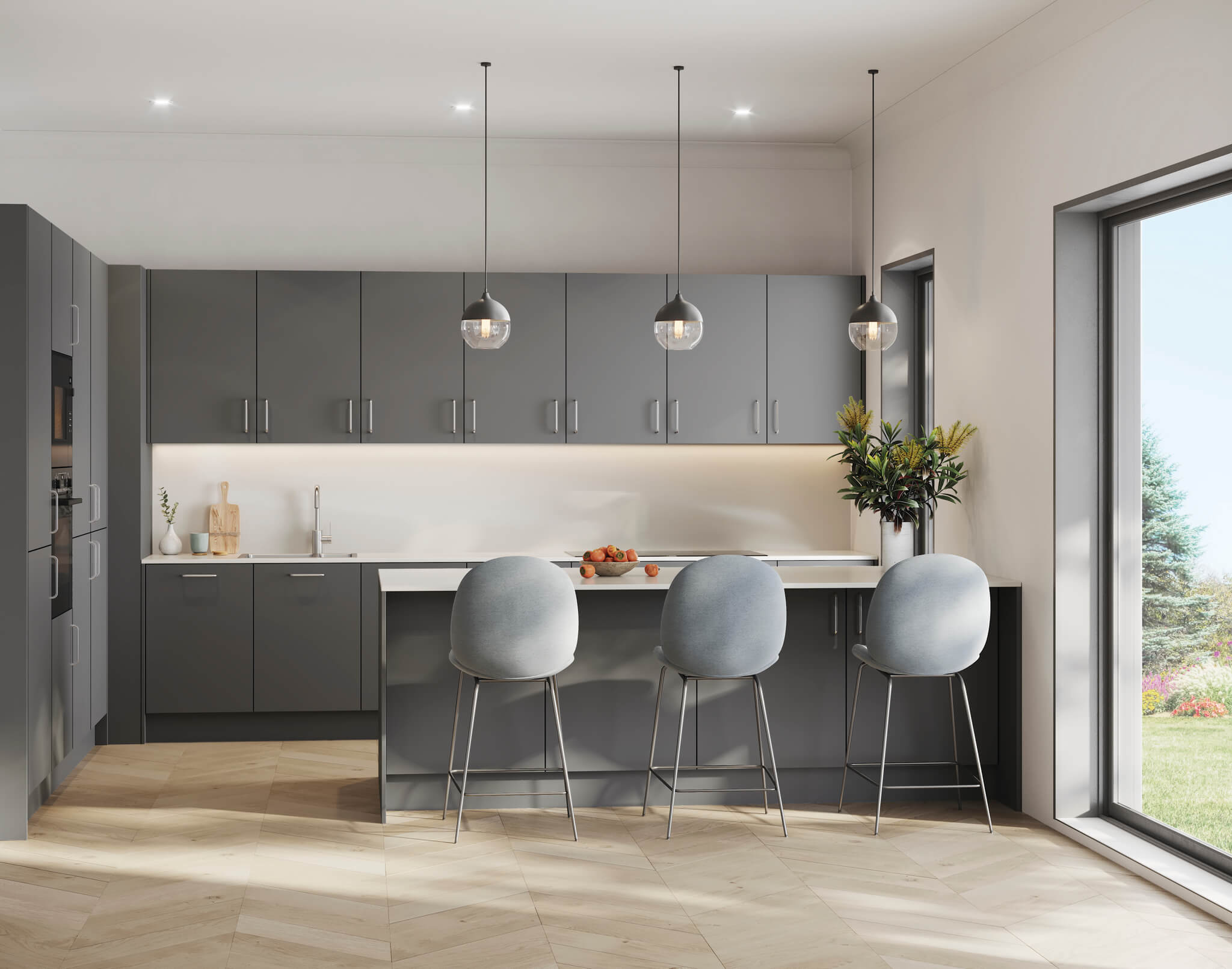 contemporary kitchen with grey cupboards and handles